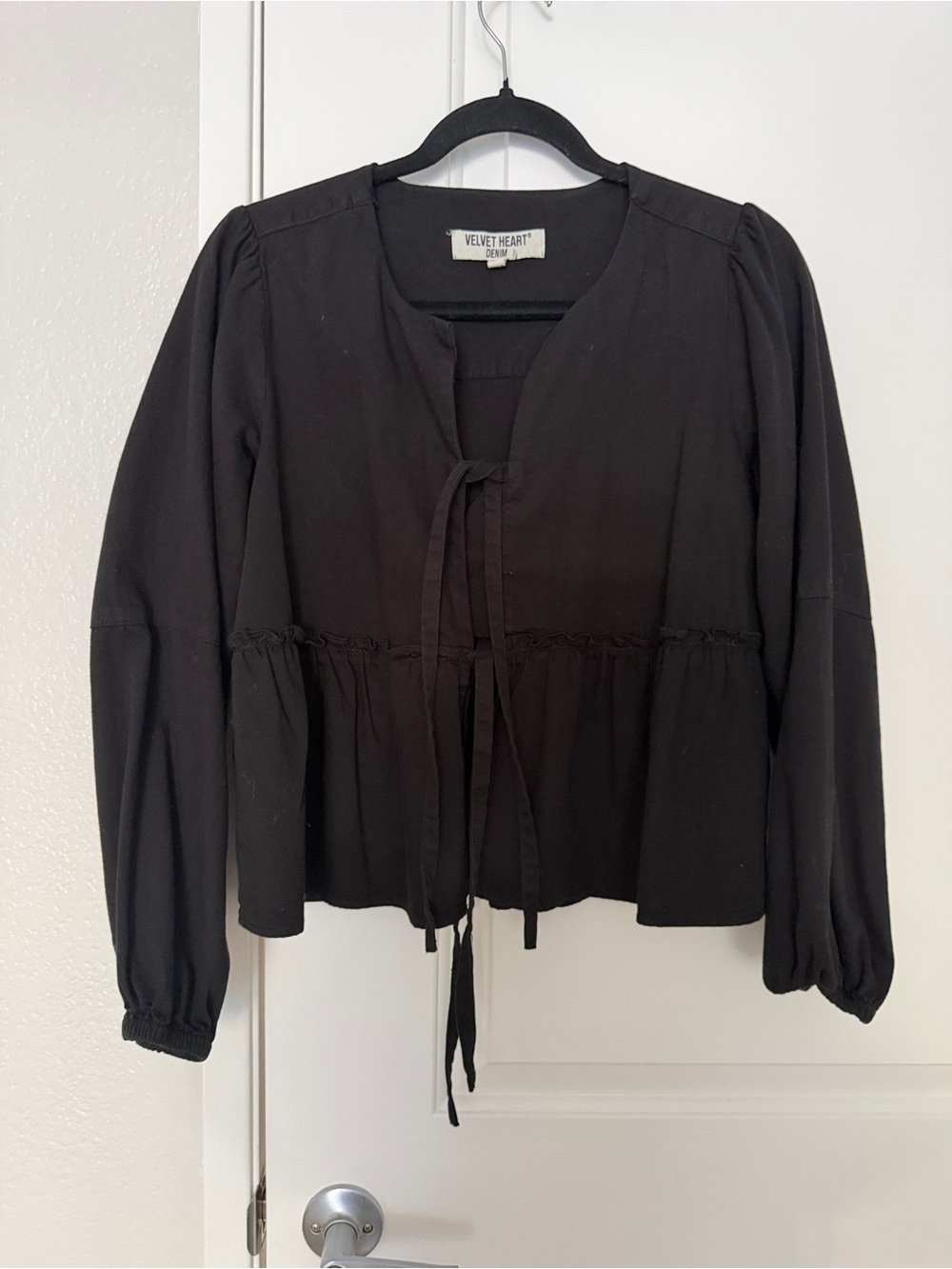 Velvet Heart Black Tie-Front Peasant Blouse
